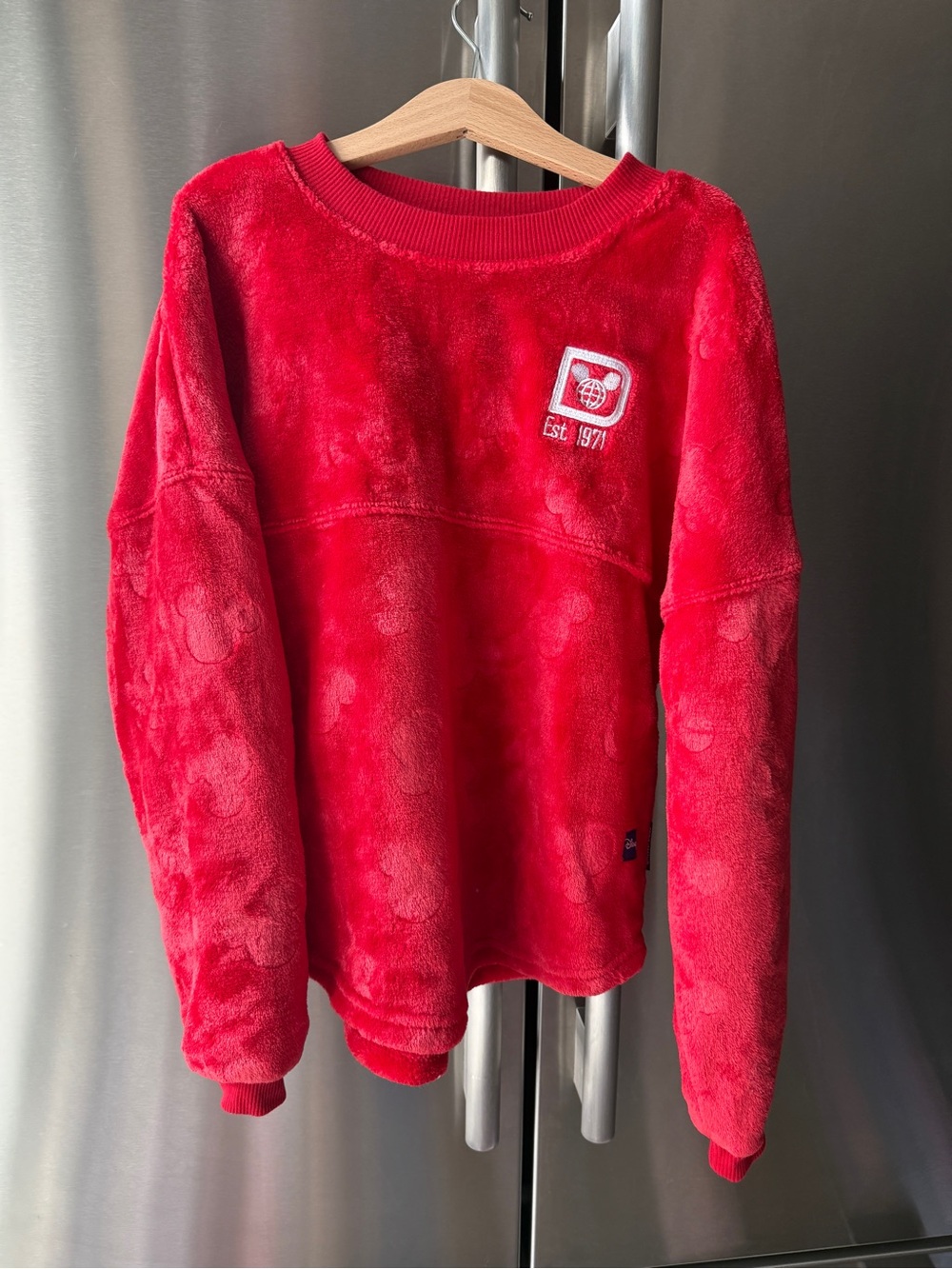 Disney Red Plush Crewneck Sweatshirt with Embroidered Patch